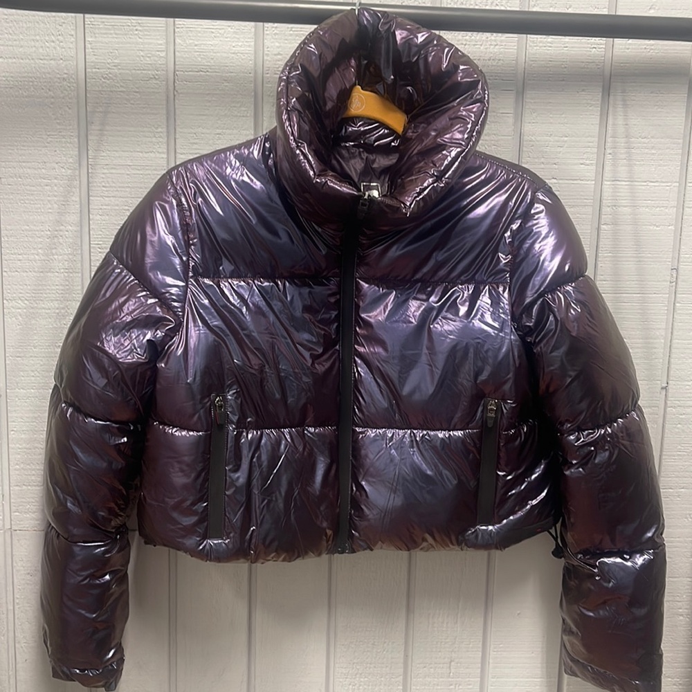 Metallic purple irreducible cropped puffer jacket